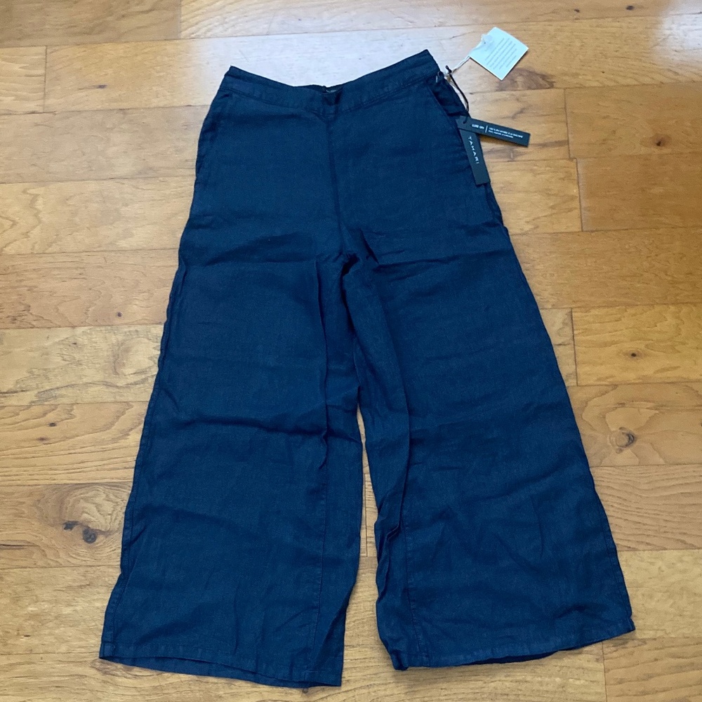 NWT TAHARI  Linen Cropped Wide Leg Pants Navy